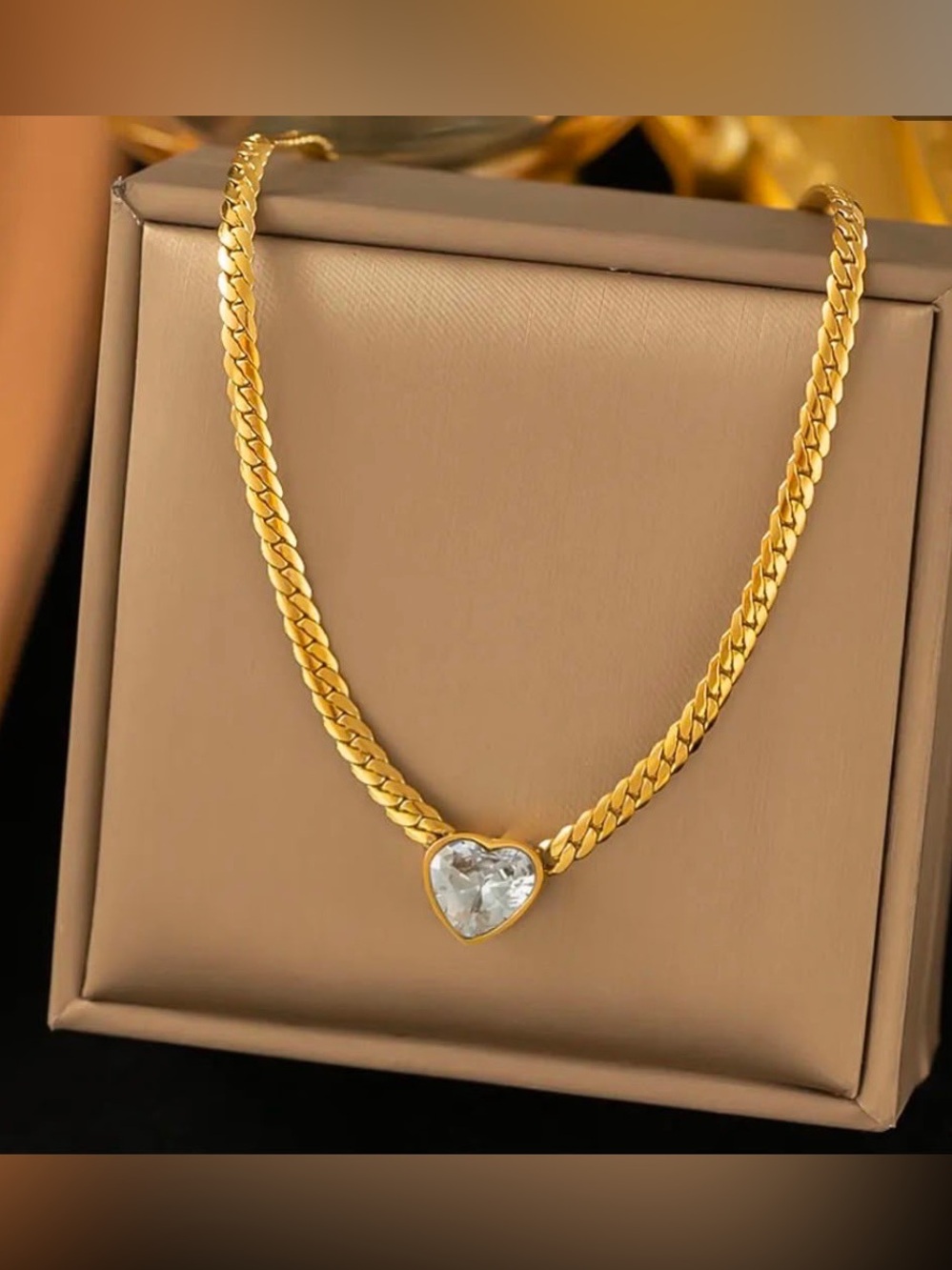 Gold Heart Pendant Necklace with Clear Gem Center